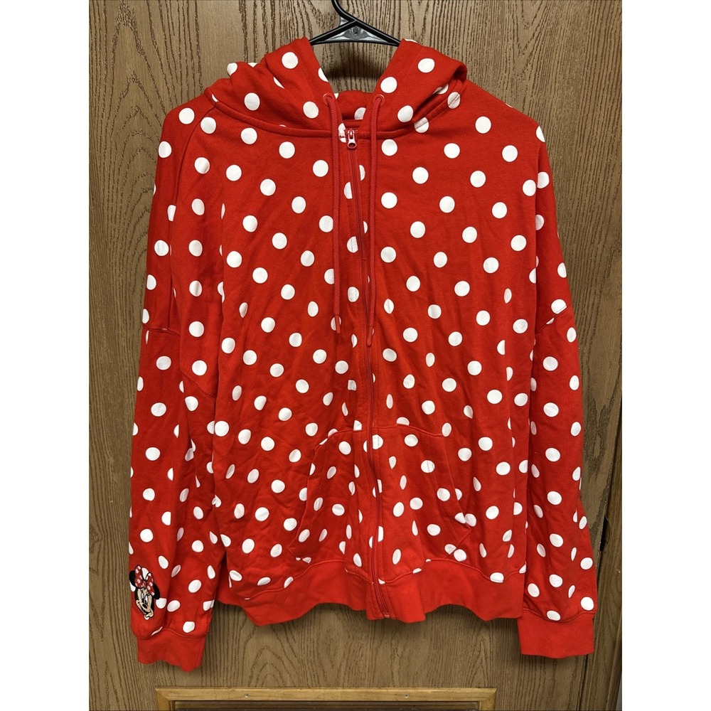 Disney Minnie Mouse Ears Full Zip Hoodie Women's Large Polka Dot Red Sweatshirt
